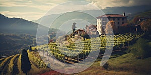 Generative AI, beautiful Italian vineyard, green landscape. Rows of vines