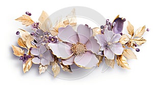 Generative AI, beautiful light violet, lavender color flowers brooch, opal stone and golden color palette photo