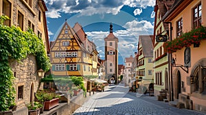 Generative AI Beautiful postcard view of the famous historic town of Rothenburg ob der Tauber on a sunny day with