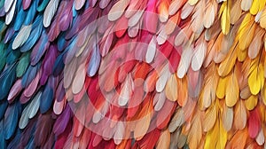 Generative AI, Beautiful rainbow colorful closeup feathers, photorealistic background, top view, aerial view.