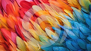 Generative AI, Beautiful rainbow colorful closeup feathers, photorealistic background, top view, aerial view.