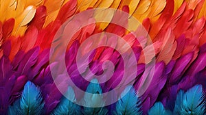 Generative AI, Beautiful rainbow colorful closeup feathers, photorealistic background, top view, aerial view.