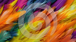 Generative AI, Beautiful rainbow colorful closeup feathers, photorealistic background, top view, aerial view.