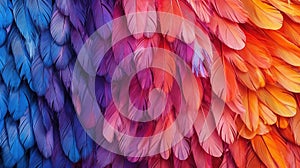 Generative AI, Beautiful rainbow colorful closeup feathers, photorealistic background, top view, aerial view.