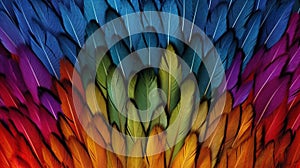 Generative AI, Beautiful rainbow colorful closeup feathers, photorealistic background, top view, aerial view.