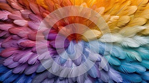 Generative AI, Beautiful rainbow colorful closeup feathers, photorealistic background, top view, aerial view.