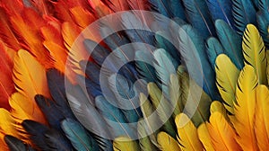 Generative AI, Beautiful rainbow colorful closeup feathers, photorealistic background, top view, aerial view.