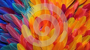 Generative AI, Beautiful rainbow colorful closeup feathers, photorealistic background, top view, aerial view.