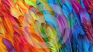 Generative AI, Beautiful rainbow colorful closeup feathers, photorealistic background, top view, aerial view.