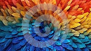 Generative AI, Beautiful rainbow colorful closeup feathers, photorealistic background, top view, aerial view.