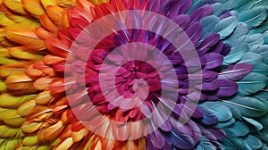 Generative AI, Beautiful rainbow colorful closeup feathers, photorealistic background, top view, aerial view.