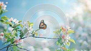 Generative AI Beautiful spring branch of a blossoming apple tree with whitepink flowers and butterfly on defocused photo
