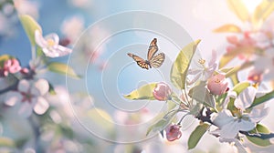 Generative AI Beautiful spring branch of a blossoming apple tree with whitepink flowers and butterfly on defocused photo