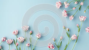 Generative AI Beautiful spring pink flowers on blue pastel table top view Floral border Flat lay style business co