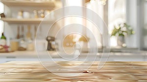 Generative AI Beautiful wooden table top against on blurred white light interior background room and kitchen with