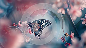 Generative AI Beauty butterfly with Cherry blossom pink sakura flower business concept.