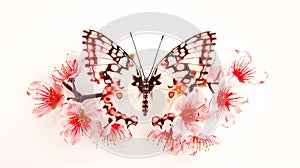 Generative AI Beauty butterfly with Cherry blossom pink sakura flower on white background business concept.