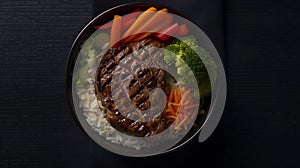 Generative AI Beef steak, rice and vegetable power bowl. Healthy balanced food concept. On a dark background, top