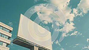 Generative AI A big blank Billboard mockup for advertisement on the top of modern office building with blue sky ba