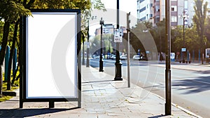 Generative AI Big empty billboard in black frame with empty white mockup space on sidewalk of city street in summe