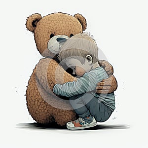 Generativo AI big teddy bear hugging a child and white background photo