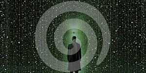 Generative AI. Binary code with neon rays on a black background. Computer language, binary code, background, illustration,