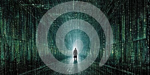 Generative AI. Binary code with neon rays on a black background. Computer language, binary code, background, illustration,