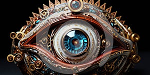 Generative AI, bionic steampunk eye closeup, fictional implant