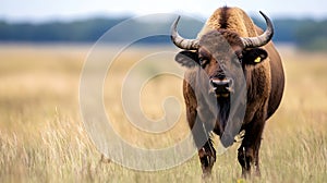 Generative AI Bison standing proudly in an open grassy field under blue sky business concept. photo