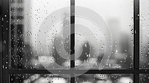 Generative AI Black and white backdrop with blurred snowy cityscape through transparent window pane with condense photo