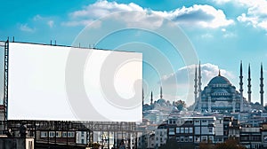 Generative AI Blank billboard against blue sky Istanbul business concept.