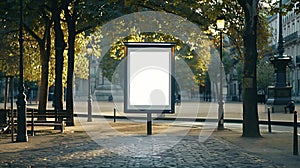 Generative AI Blank bus stop billboard Mockup in empty street in Paris Parisian style hoarding advertisement close