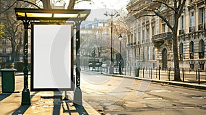 Generative AI Blank bus stop billboard Mockup in empty street in Paris Parisian style hoarding advertisement close