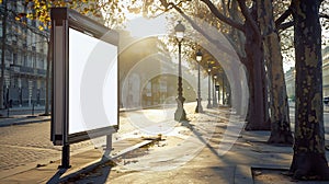 Generative AI Blank bus stop billboard Mockup in empty street in Paris Parisian style hoarding advertisement close