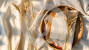 Generative AI Blank greeting card card mockup on wooden plate tray Dry grass plant in sunlight Beige linen backgro