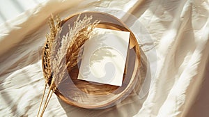 Generative AI Blank greeting card card mockup on wooden plate tray Dry grass plant in sunlight Beige linen backgro