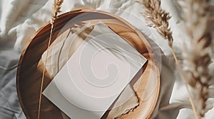 Generative AI Blank greeting card card mockup on wooden plate tray Dry grass plant in sunlight Beige linen backgro