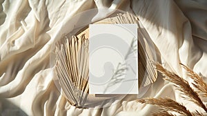 Generative AI Blank greeting card card mockup on wooden plate tray Dry grass plant in sunlight Beige linen backgro