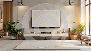 Generative AI Blank modern flat screen TV hanging on wall in living room business concept.