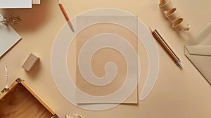 Generative AI Blank paper sheet on beige table Artist home office desk workspace with wooden casket pencil envelop