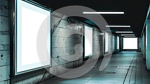 Generative AI 2 blank vertical advertising banners posters mockup in underground tunnel walkway outofhome OOH medi