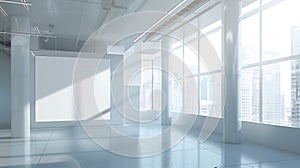 Generative AI Blank white banner in modern empty open space office with big windows and pillars mock up 3D Render