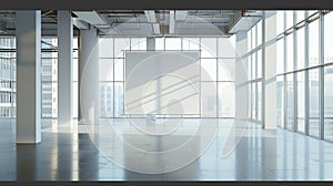 Generative AI Blank white banner in modern empty open space office with big windows and pillars mock up 3D Render