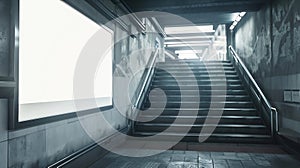 Generative AI Blank white mock up billboard banner Display in subway with stairs Underground Advertising Ad Horizo