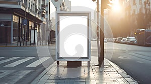 Generative AI Blank white mockup of bus stop vertical billboard in front of empty street background business conce