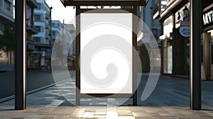 Generative AI Blank white mockup of bus stop vertical billboard in front of empty street background business conce