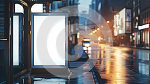 Generative AI Blank white mockup of bus stop vertical billboard in front of empty street background business conce