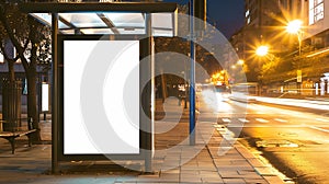 Generative AI Blank white mockup of bus stop vertical billboard in front of empty street background business conce