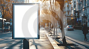 Generative AI Blank white mockup of bus stop vertical billboard in front of empty street background business conce