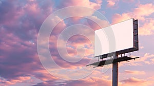 Generative AI Blank wide white billboard against warm sunset sky with clouds  mock up Consumerism advertising whit